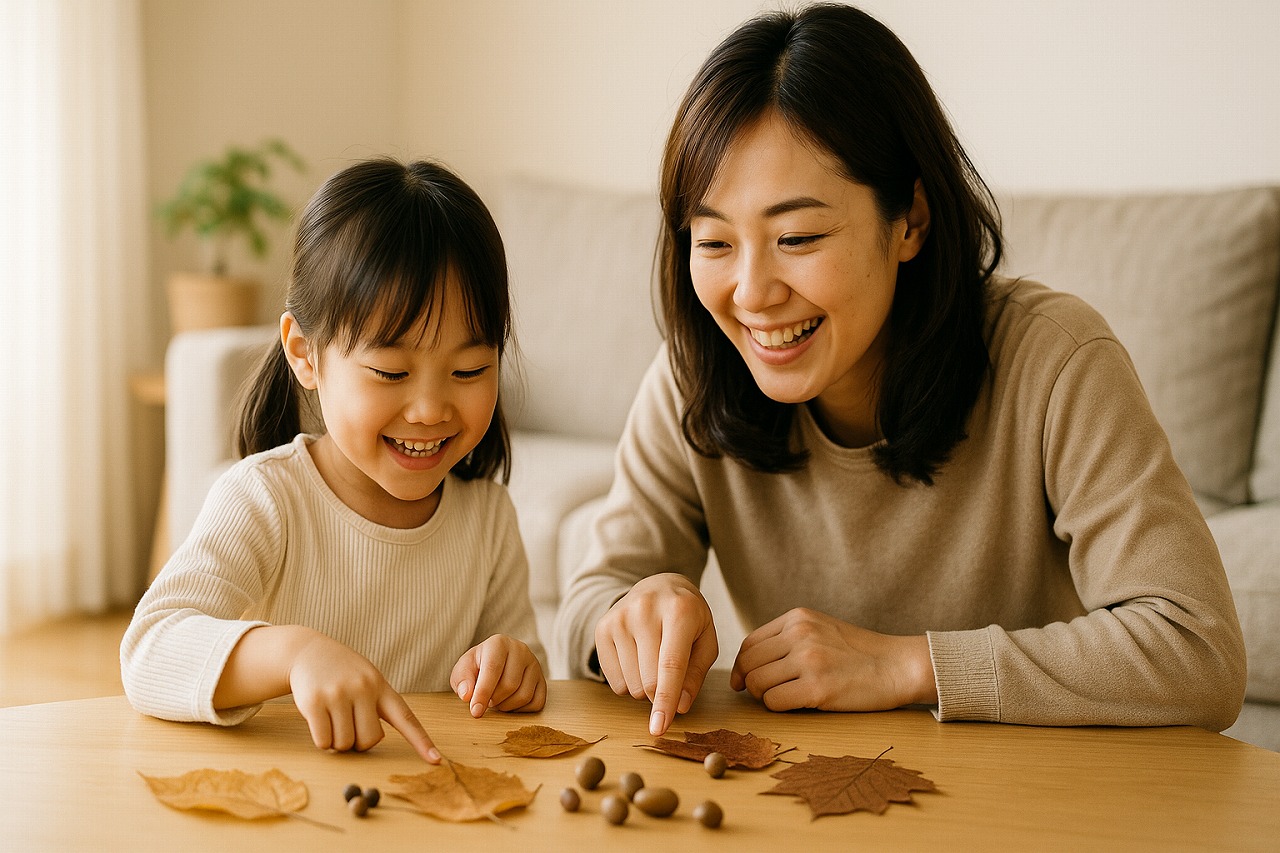 家庭で親子が遠足の落ち葉を見ながら話す秋の午後。温かい家庭のひととき。