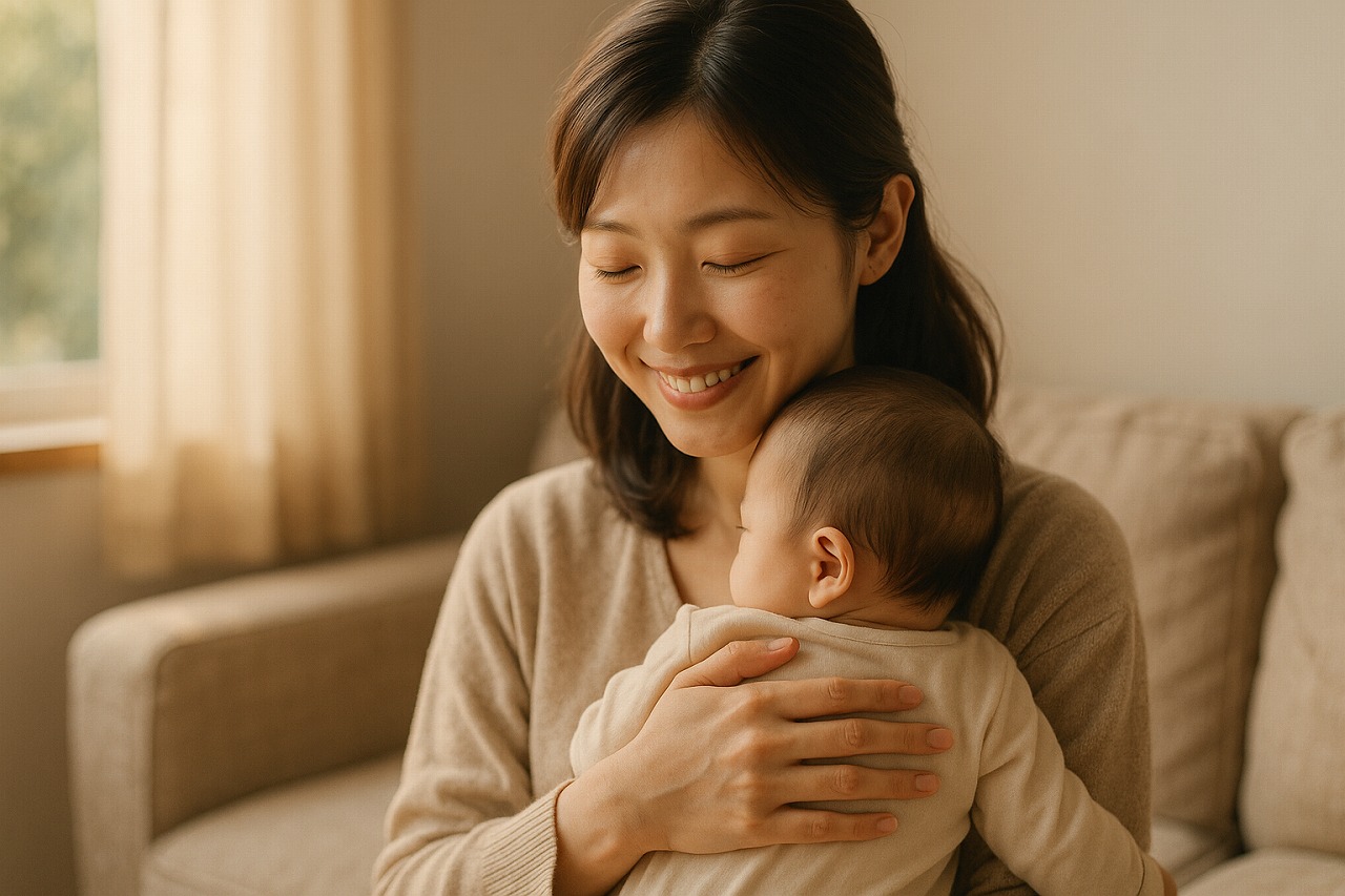育児中の母親が赤ちゃんを抱きしめ、静かな安心に包まれて微笑む様子。