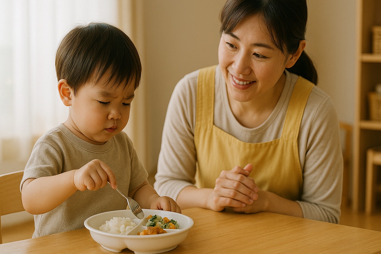 給食の時間にスプーンを自分で持とうとする2歳児と、見守る保育士の姿。自立を支える保育の一場面。