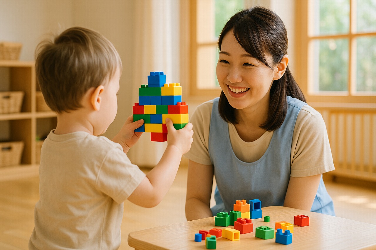 ブロック遊びで作品を完成させ、嬉しそうに見せる子どもと笑顔で受け止める保育士。達成感と成長の喜びが伝わる。