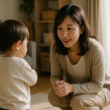 朝の支度中に「イヤ！」と自己主張する子どもと、落ち着いて声をかける母親。イヤイヤ期の日常を切り取った一場面。