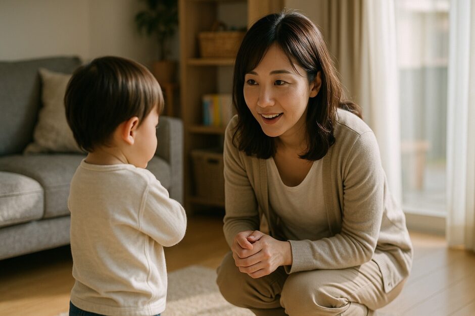 朝の支度中に「イヤ！」と自己主張する子どもと、落ち着いて声をかける母親。イヤイヤ期の日常を切り取った一場面。