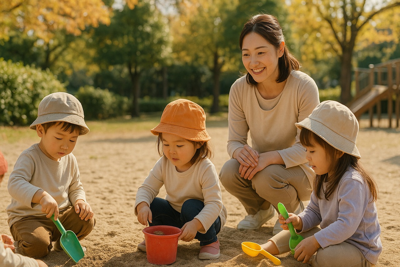 園庭で砂遊びに夢中になる園児たちと、優しく見守る保育士。イヤイヤ期の中にも見える社会性の育ち。