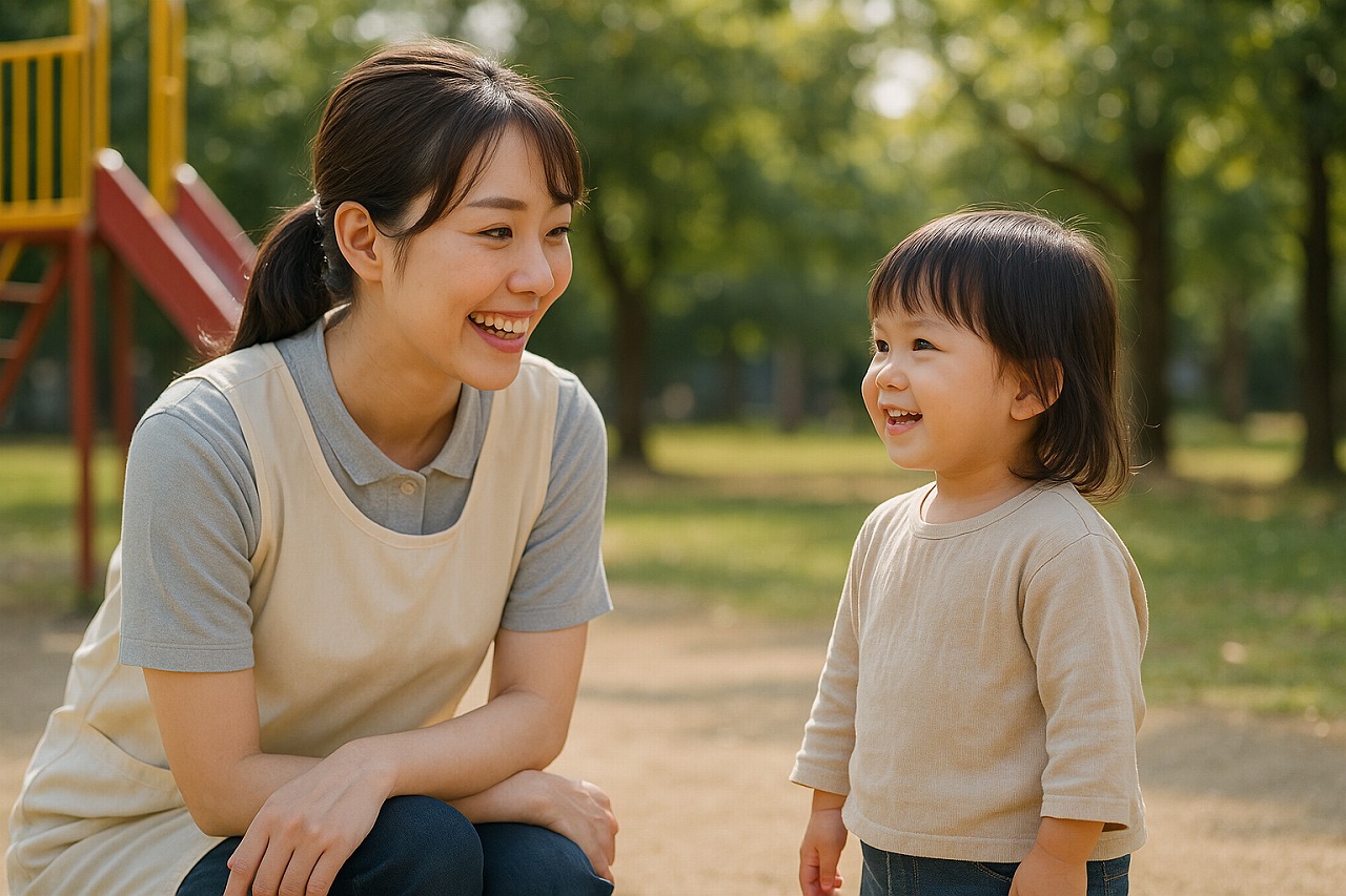 園庭で保育士と話す2歳児。言葉のやりとりを楽しむ姿。