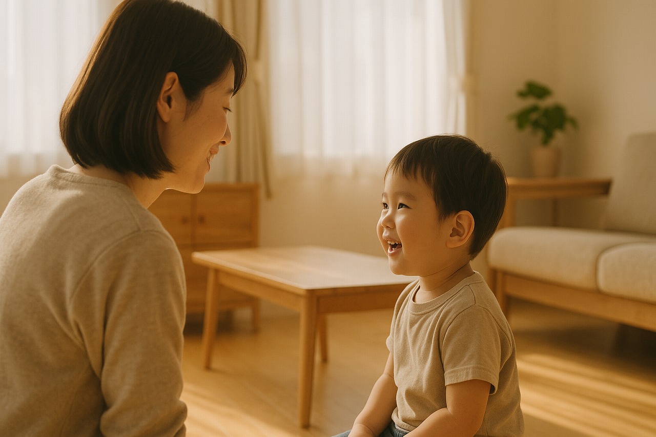 リビングで親子が穏やかに会話を楽しむ様子。日常の中の言葉の育ちを感じる写真。