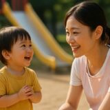 保育士と話しかけ合う2歳児の笑顔。園庭でのやさしい会話の瞬間を捉えた写真。