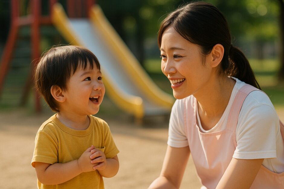 保育士と話しかけ合う2歳児の笑顔。園庭でのやさしい会話の瞬間を捉えた写真。
