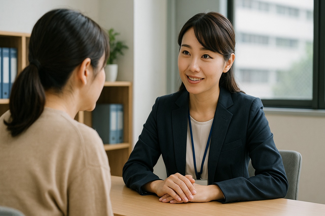 保護者が発達相談員に子どもの成長について相談している場面。安心感のある構図。