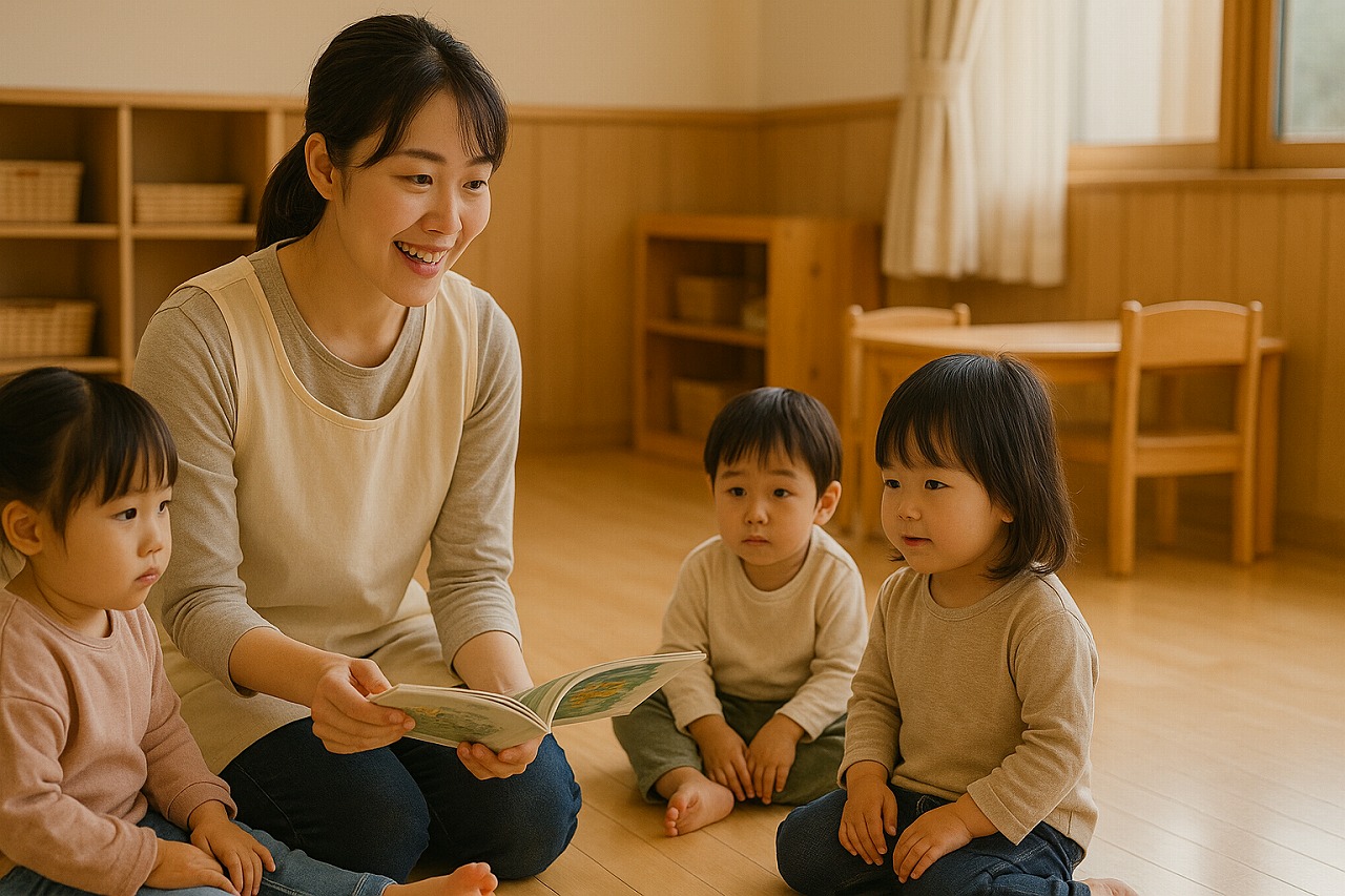 保育士が絵本を読み聞かせる時間を楽しむ2歳児たち。あたたかい室内の雰囲気。