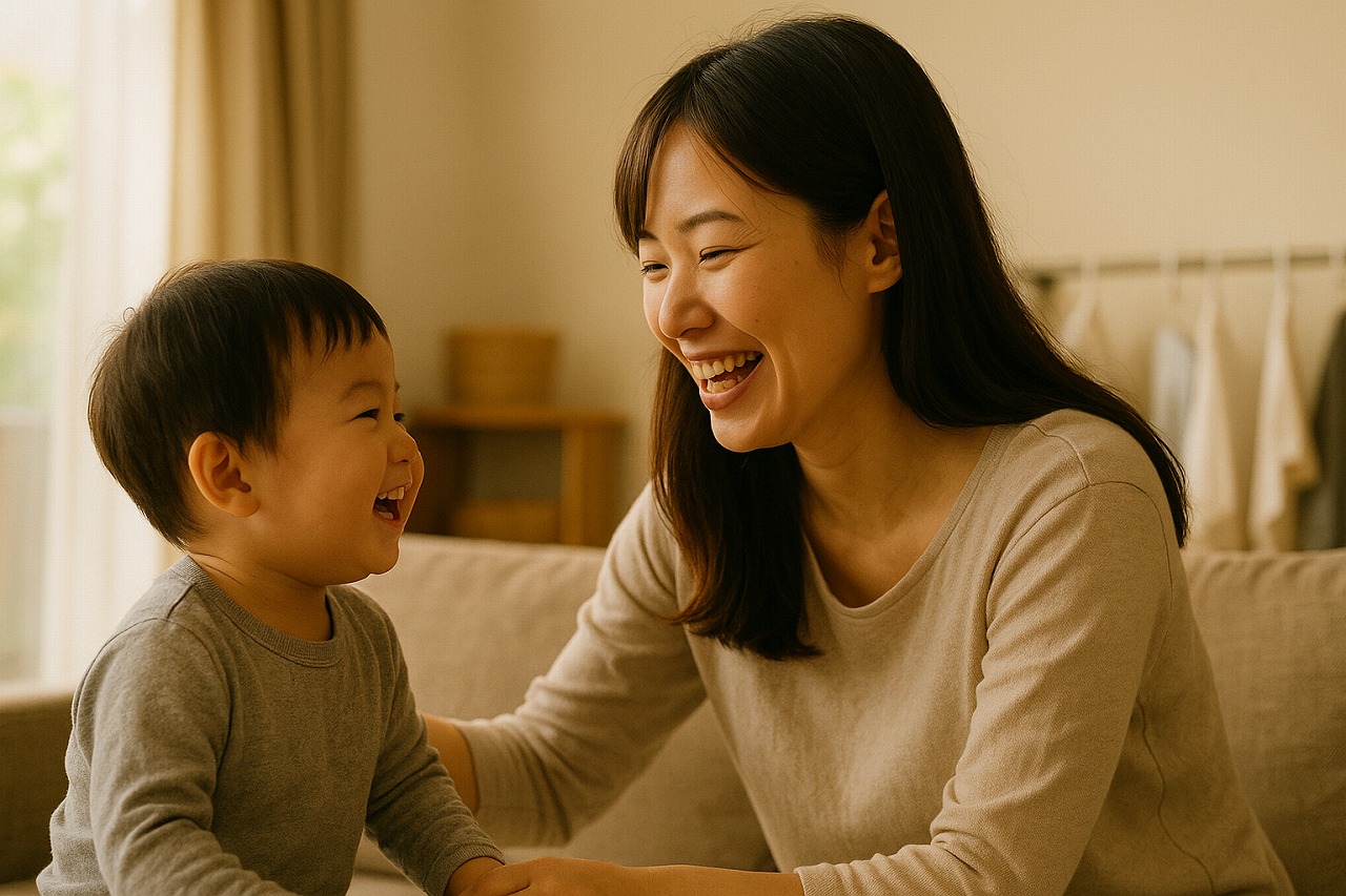 リビングで子どもと遊びながら笑顔を見せる母親。家事の合間の穏やかなひととき。