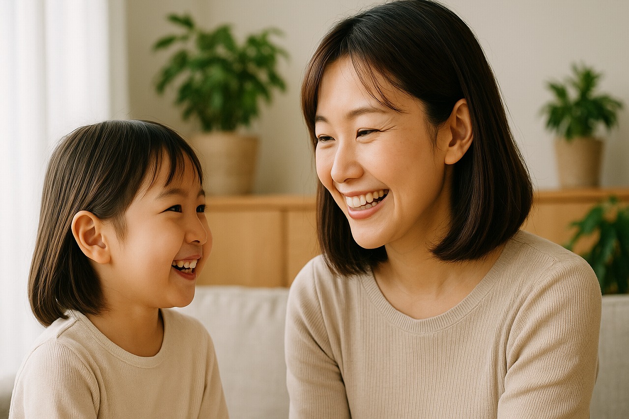明るいリビングで笑顔を交わす母と子。自然な光に包まれた安心感のある表情。