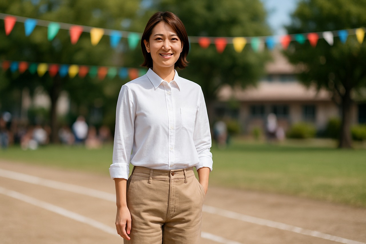 保育園の運動会で、白いシャツとベージュのパンツを着たママが自然な笑顔で立つ姿。カジュアルときちんと感を両立した清潔な印象のコーデ。