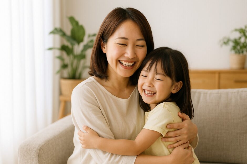 明るいリビングで笑顔で抱き合う母と子。家庭的で温かい安心感のある光景。