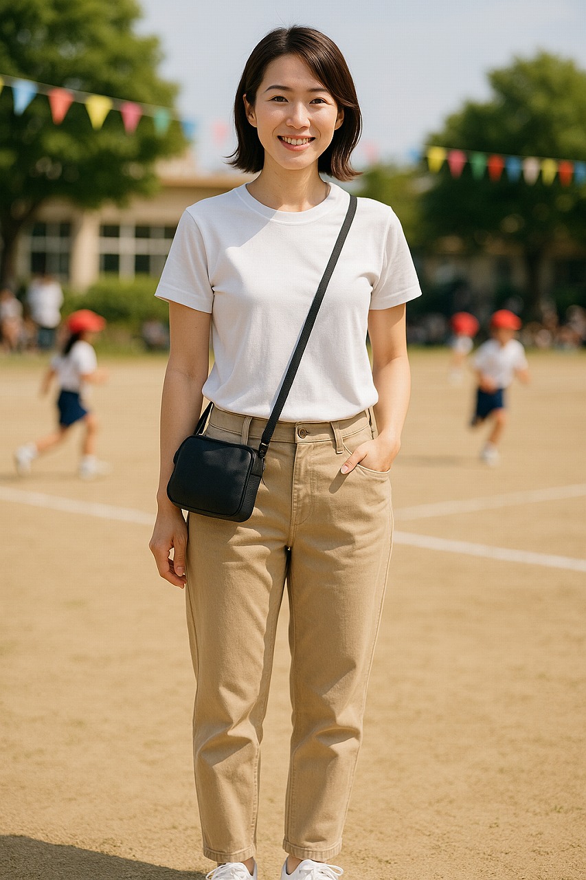 保育園の運動会で、白Tシャツにベージュのチノパンと白スニーカーを合わせた30代ママが自然な笑顔で立つ様子。清潔感と動きやすさを兼ねた定番コーデ。