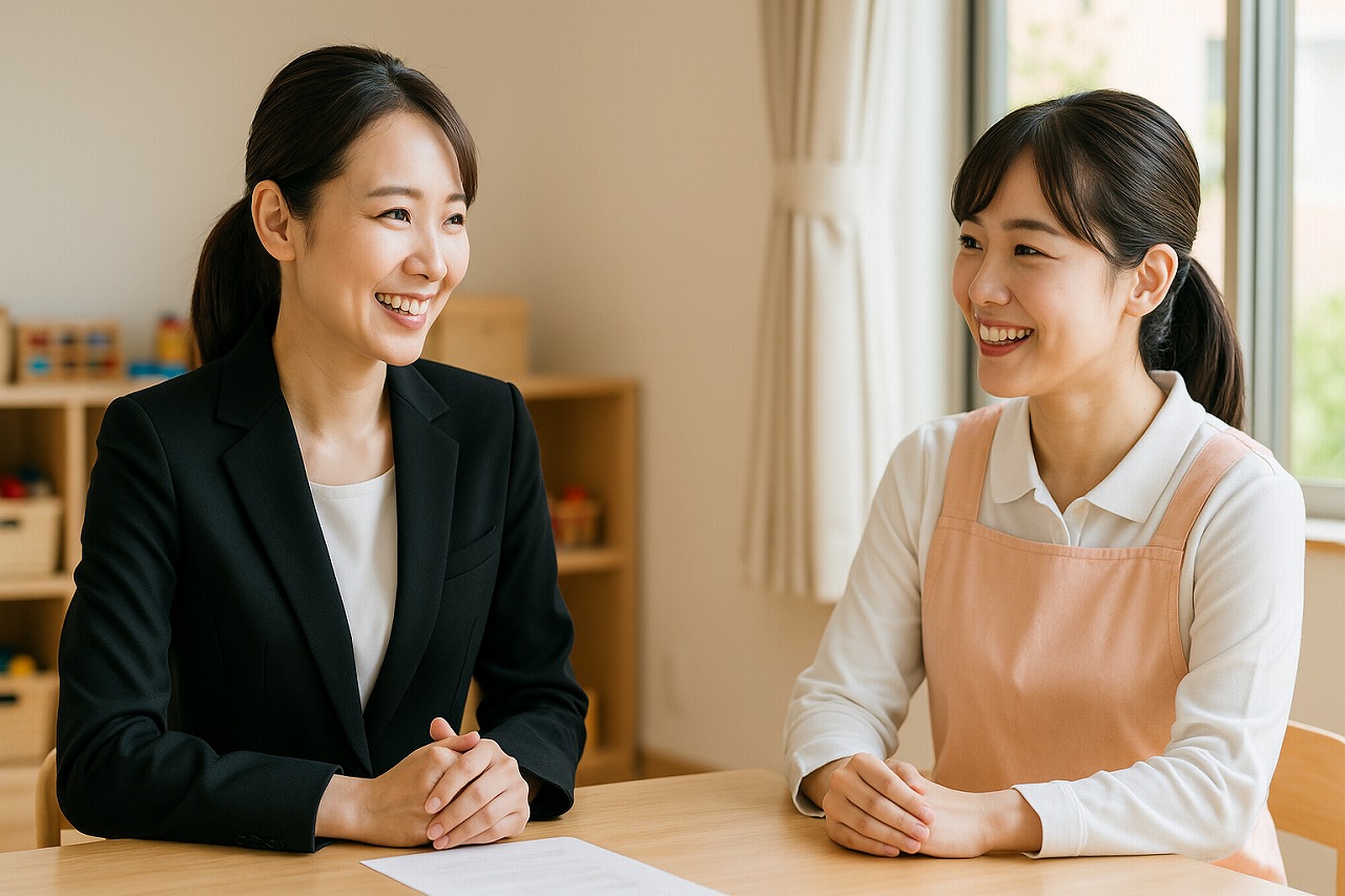 保育園の面談室で、保護者と保育士が穏やかに会話している様子。