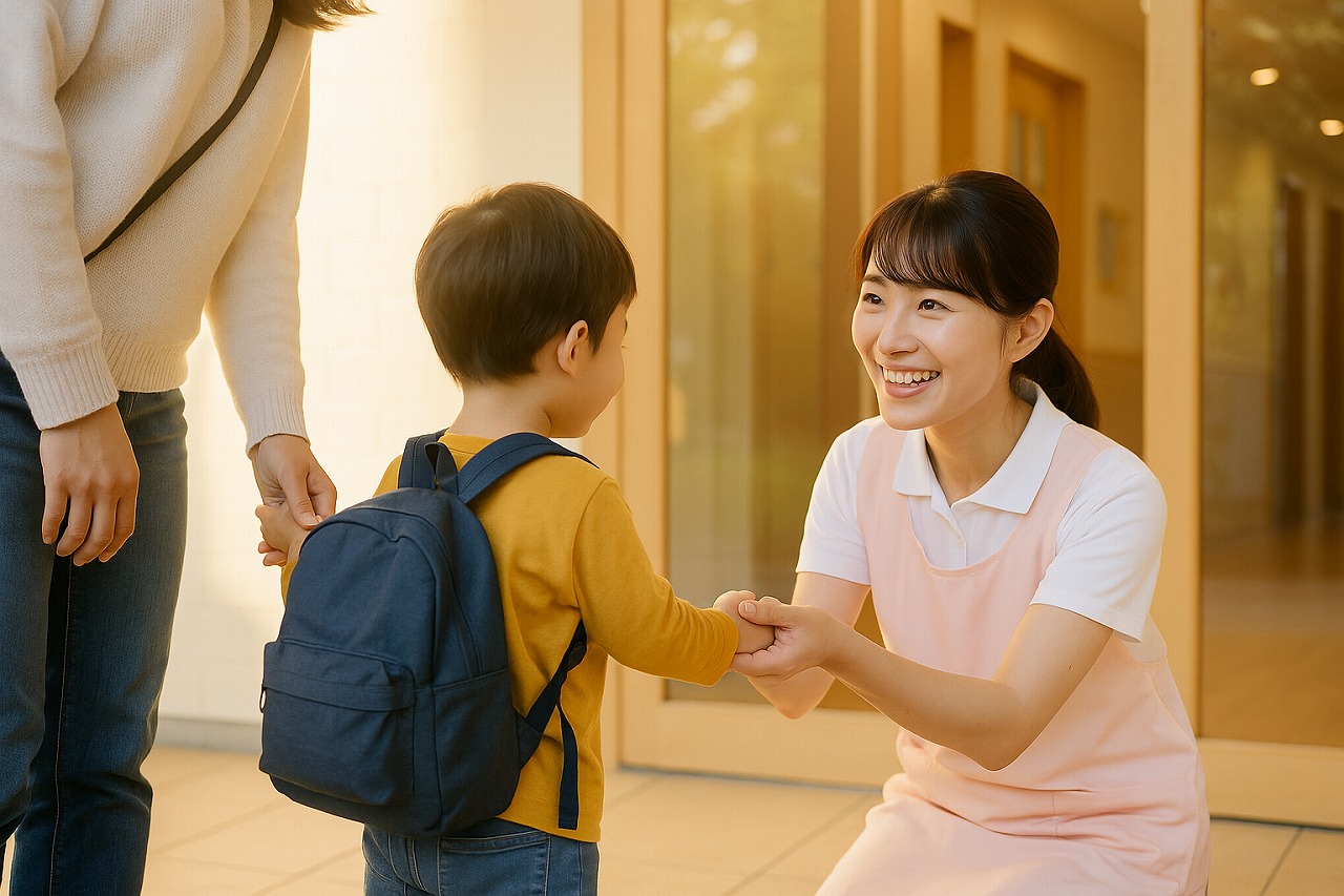 登園の朝、保育園の玄関で保育士が笑顔で子どもを迎える。自然光の差す明るい玄関で安心感のある場面。