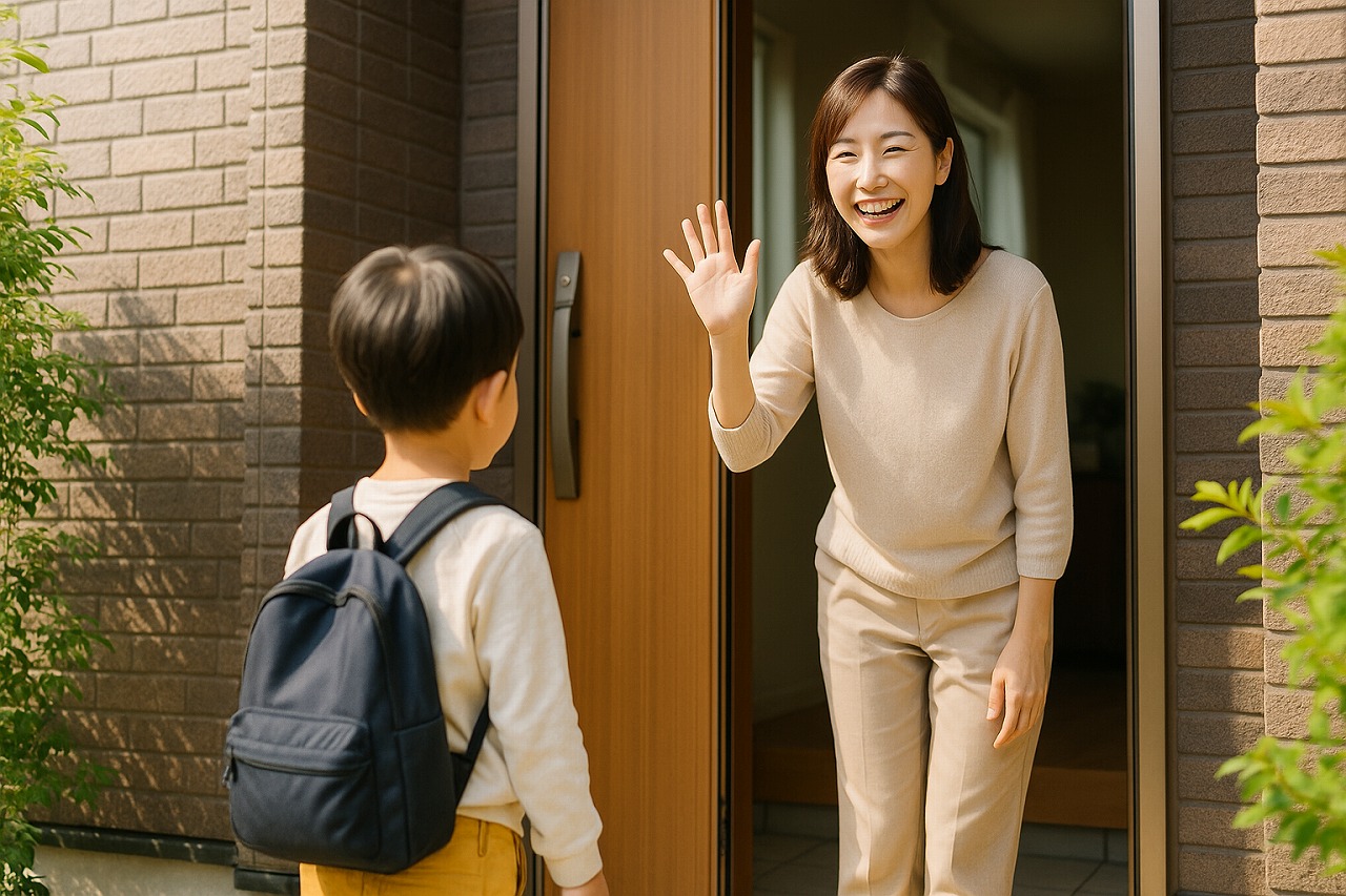 登園前の玄関で手を振る母親と子どもの後ろ姿。朝の光の中で温かな日常を感じるシーン。