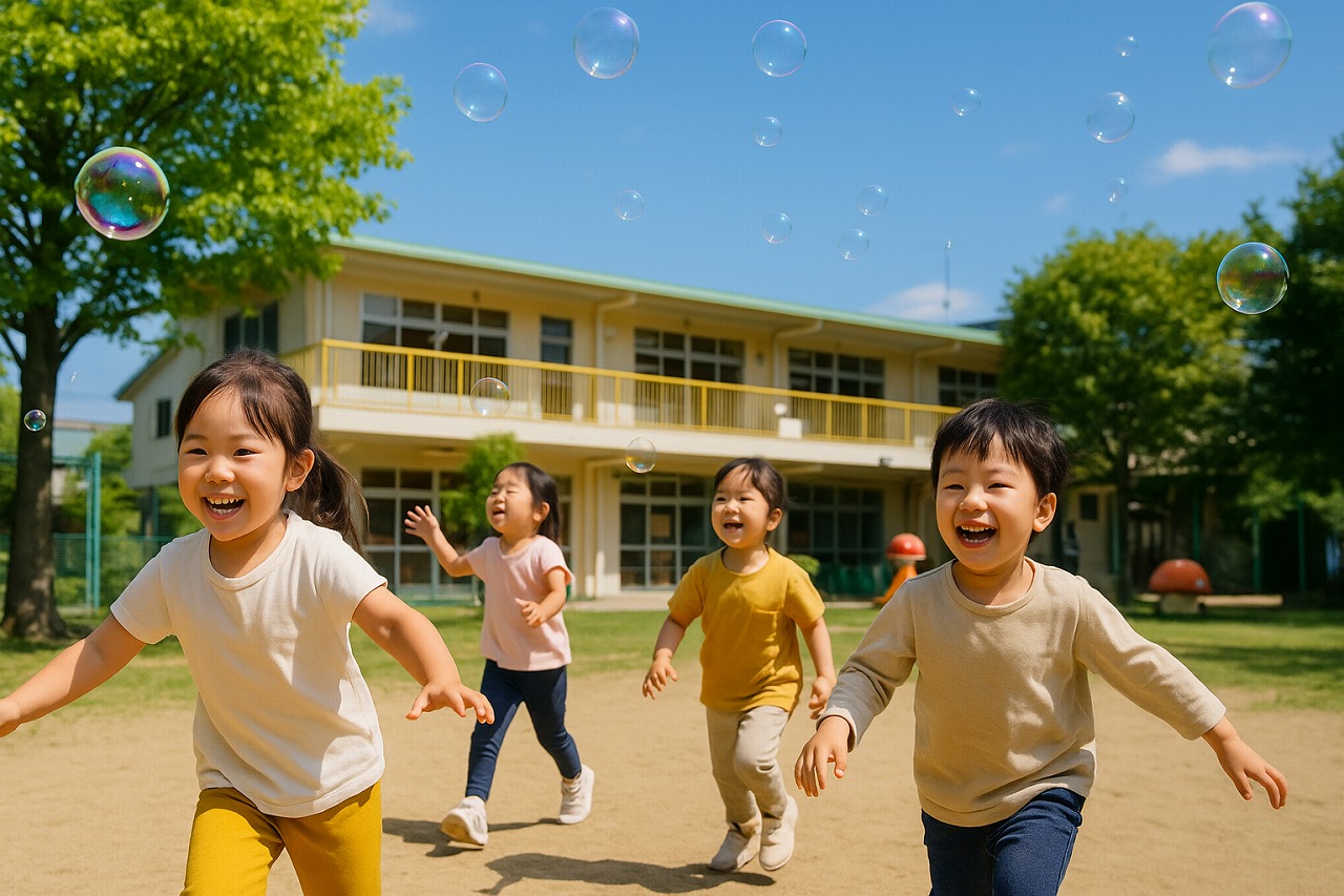 園庭でしゃぼん玉を追いかける子どもたち。青空の下で元気に走る午前の保育園風景。