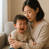 泣く子どもをやさしく見守る母親が、リビングで静かに寄り添っている写真。
