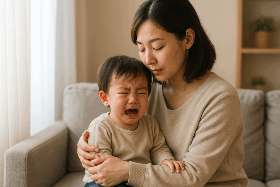 泣く子どもをやさしく見守る母親が、リビングで静かに寄り添っている写真。