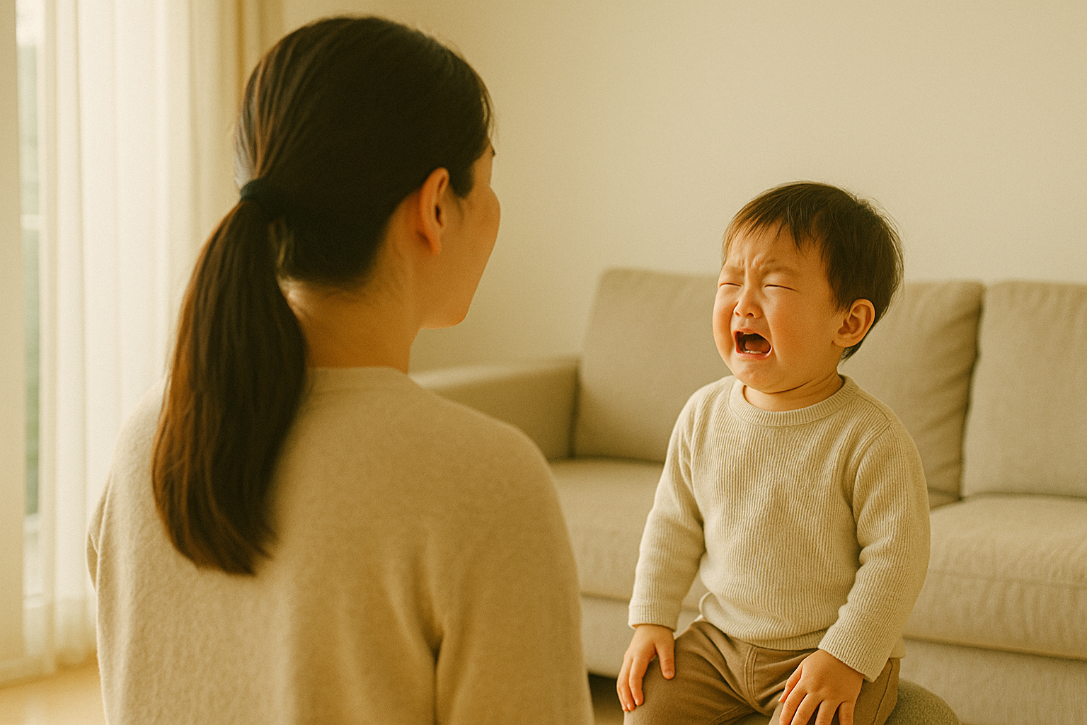 リビングで泣く子を見つめながら深呼吸する母親の後ろ姿