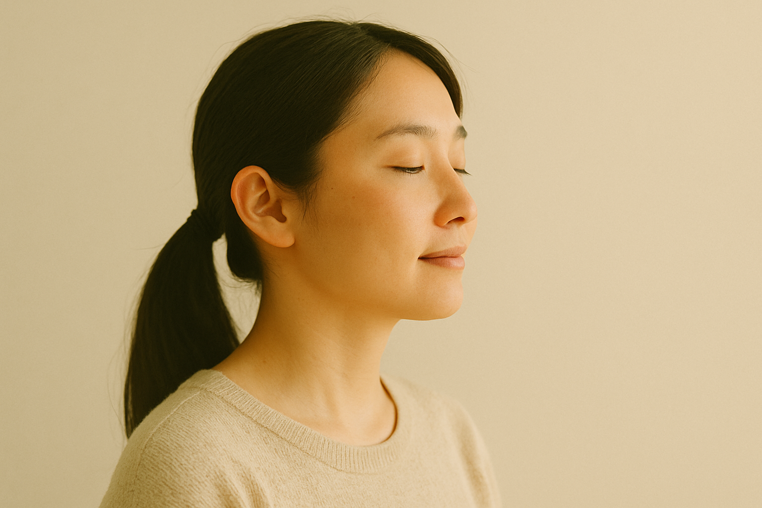 穏やかに深呼吸をする母親の横顔