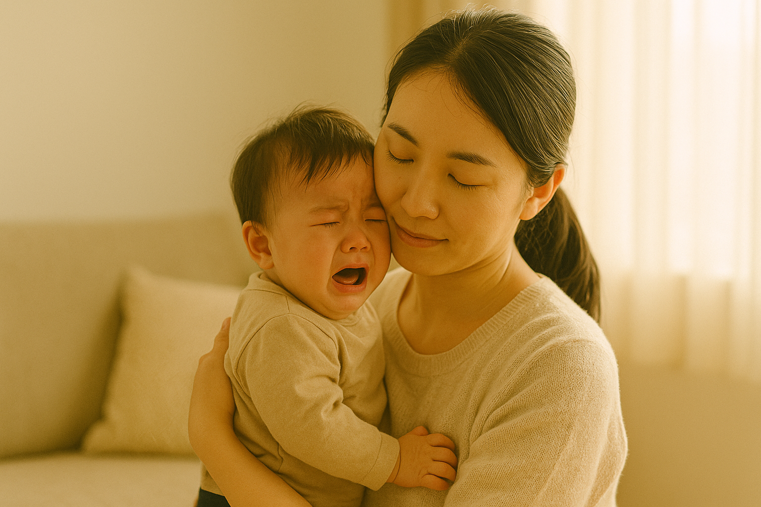 泣く子どもを抱きしめる母親