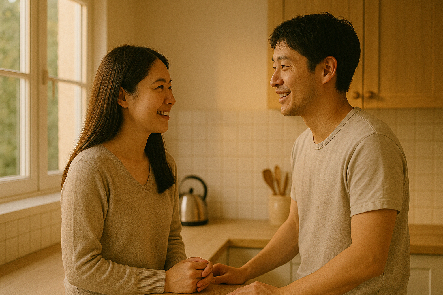 キッチンで夫婦が穏やかに話す姿