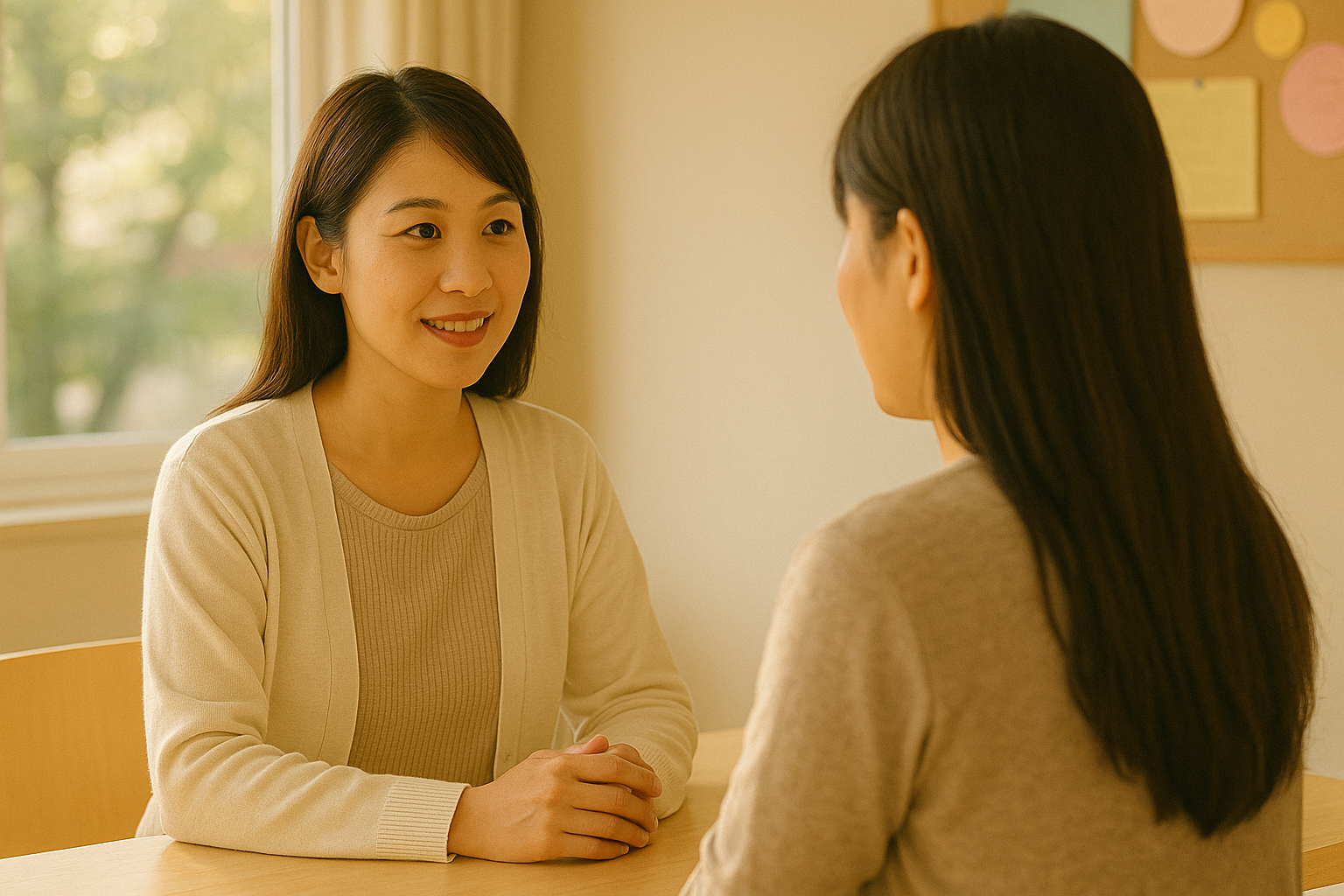 支援センターで相談員と話す母親の後ろ姿