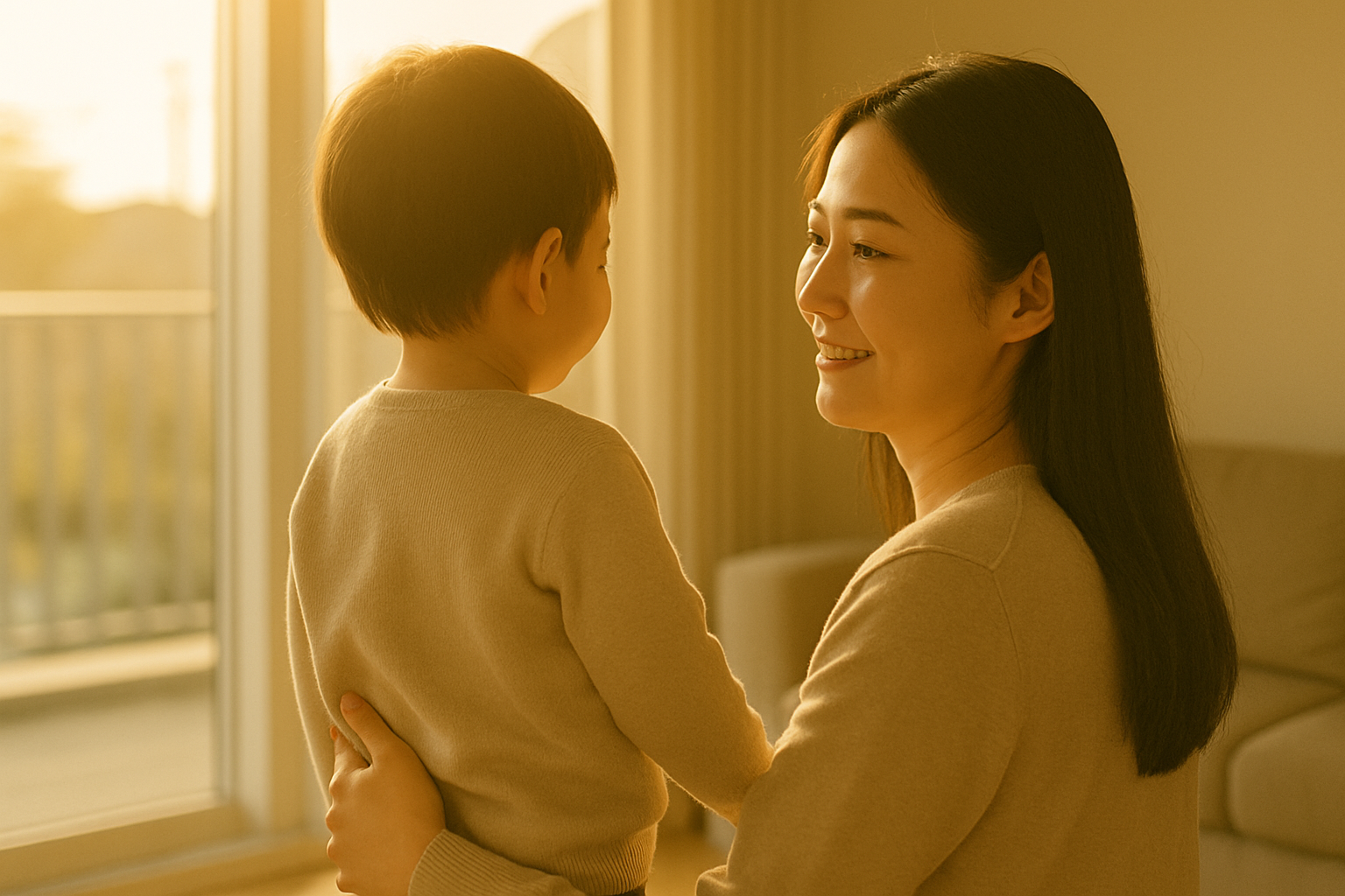 夕方のリビングで穏やかに微笑む母子の後ろ姿