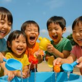 青空の下で、子どもたちが笑顔で水あそびをしている集合写真風
