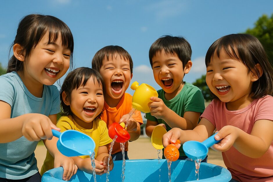 青空の下で、子どもたちが笑顔で水あそびをしている集合写真風