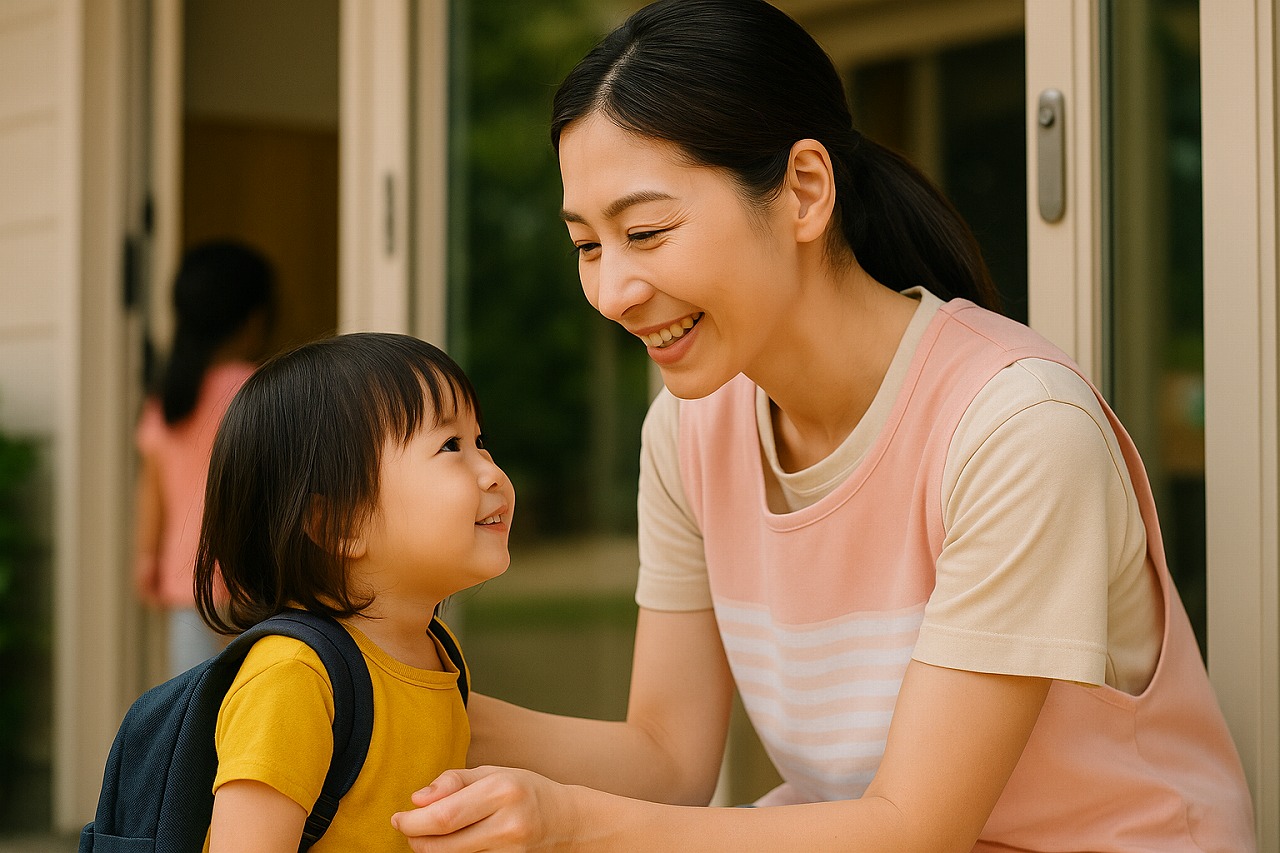 保育園の玄関で、保育士が子どもの顔をのぞき込んで「おはよう」と声をかけている