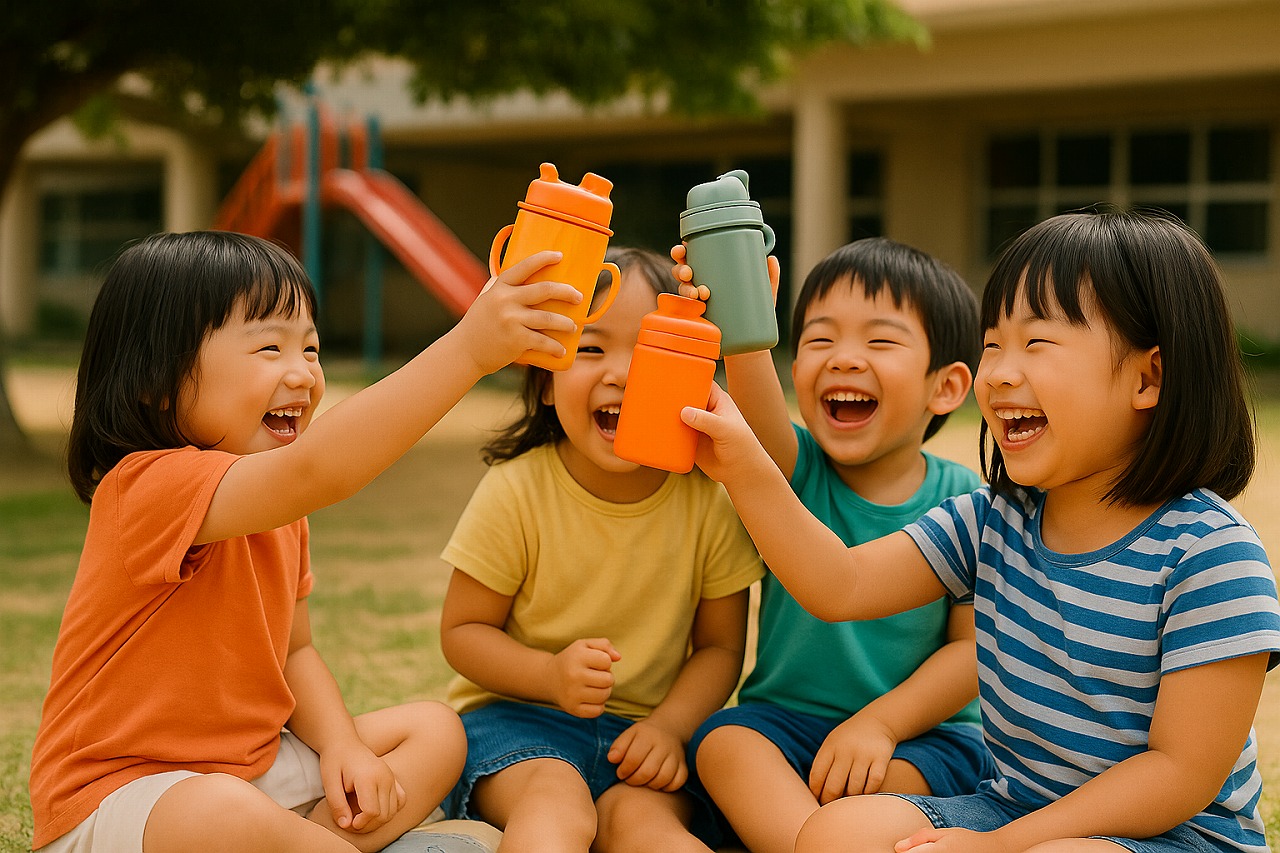 園庭の日陰で、子どもたちが水筒を手に「かんぱい！」している