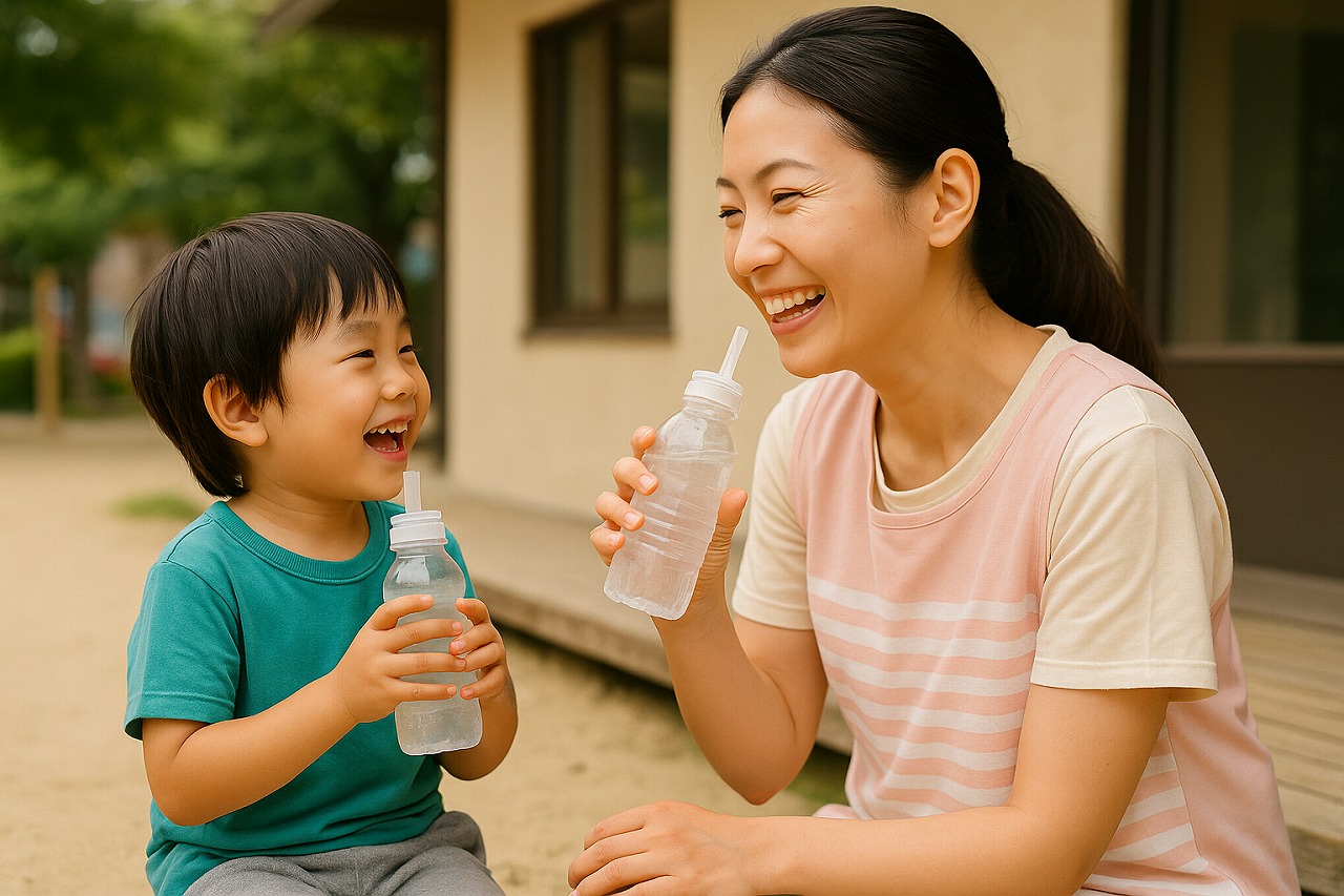 日陰で保育士と子どもが並んで座り、お茶を飲みながら笑顔で話している