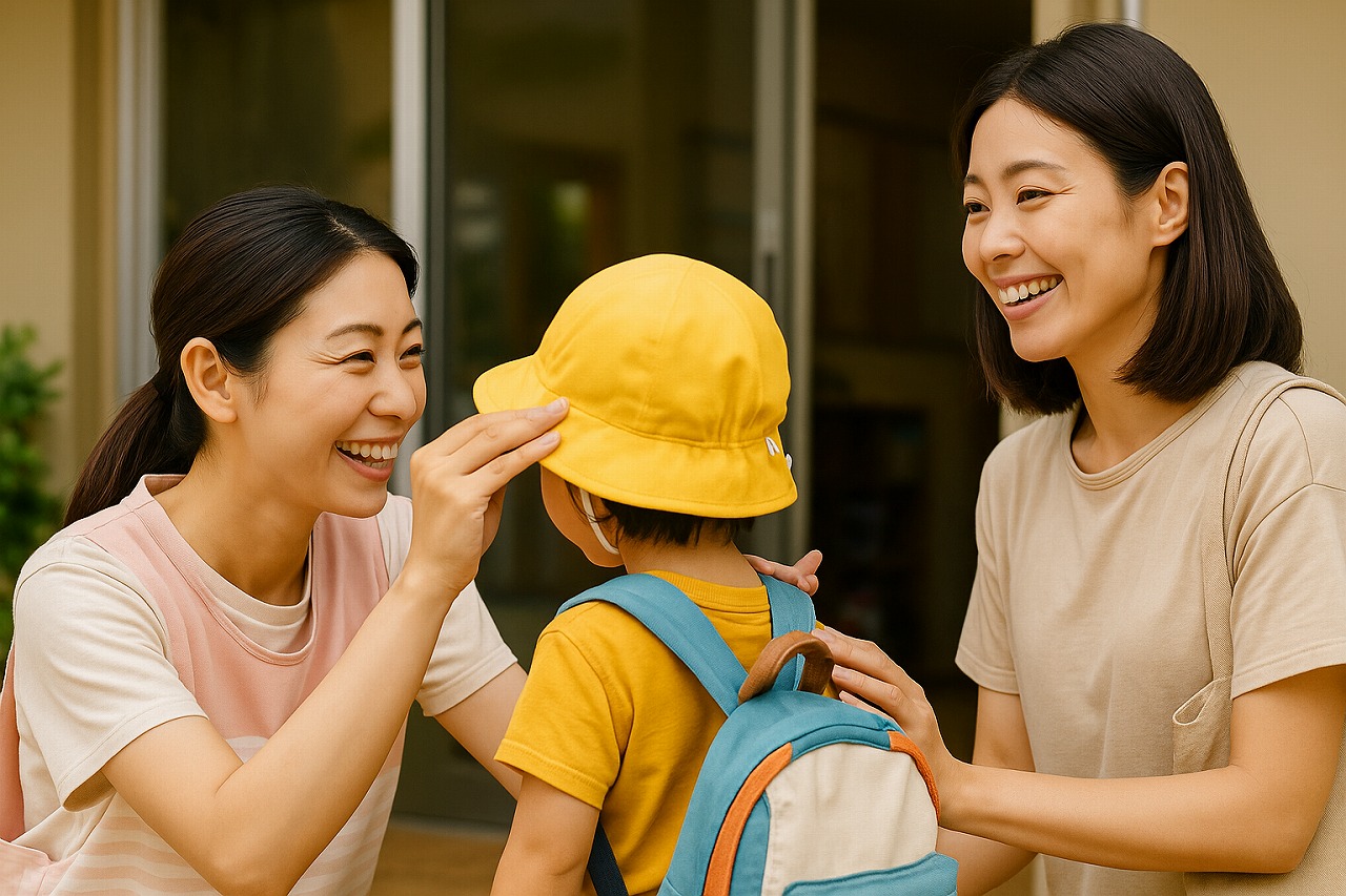 保育園の玄関で、保育士が保護者と笑顔で話しながら子どもの帽子を直している