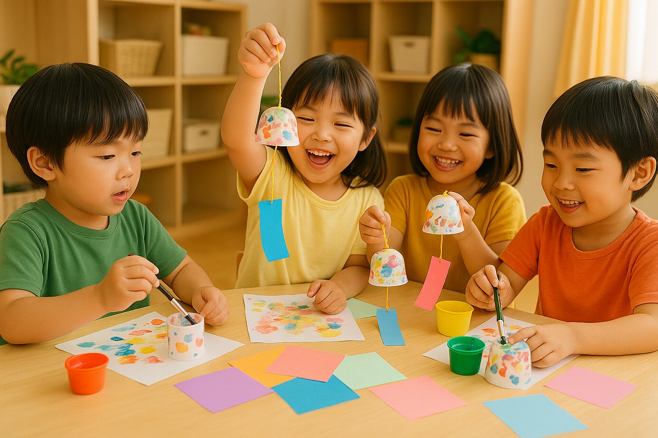 室内で風鈴づくりをする子どもたち。机の上にカラフルな絵の具や紙が広がっている