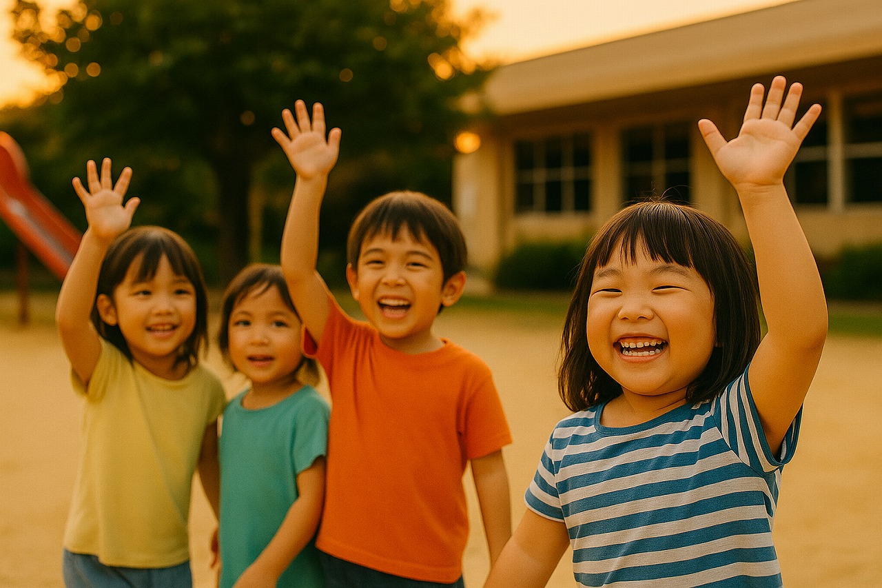 夕暮れの園庭で笑顔の子どもたちが手を振って帰る