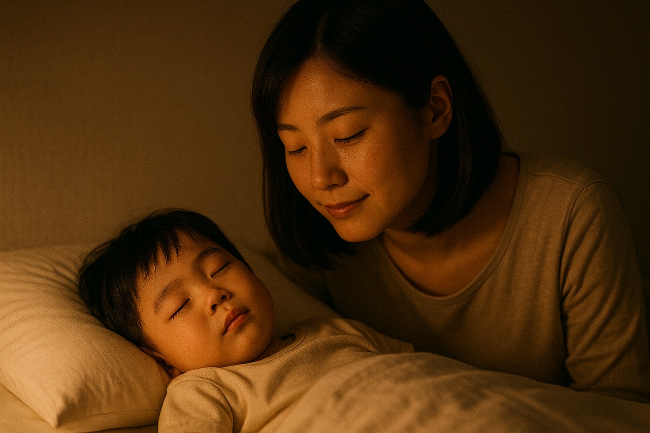子どもの寝顔を見つめる母親の優しい表情。静かな夜のリビングでのひととき。