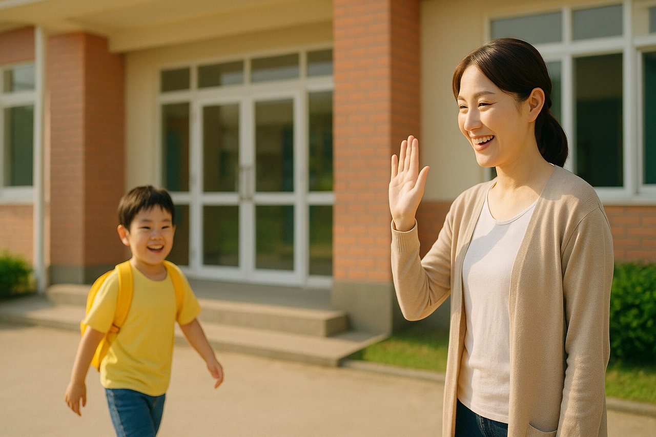保育園の玄関で登園する子どもと笑顔で手を振る母親。朝の温かな雰囲気。