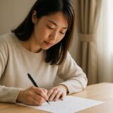 保育園の入園願書に記入する母親の手元と、やさしい光に包まれた室内の様子。