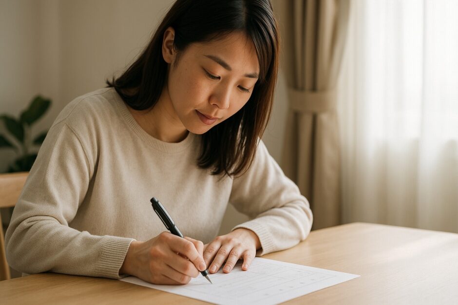 保育園の入園願書に記入する母親の手元と、やさしい光に包まれた室内の様子。
