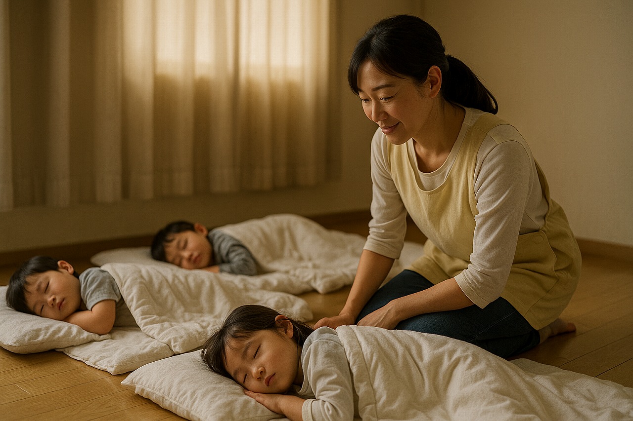 保育室で静かに眠る子どもたち。そっと見守る保育士。やわらかな昼の光に包まれた穏やかな午睡の時間。
