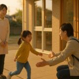 夕方の保育園玄関で、笑顔で保護者に駆け寄る子どもと、それを見守る保育士の姿。安心感と再会の喜びが伝わる一瞬。