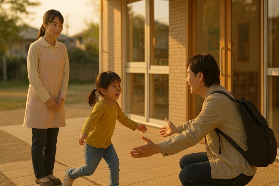 夕方の保育園玄関で、笑顔で保護者に駆け寄る子どもと、それを見守る保育士の姿。安心感と再会の喜びが伝わる一瞬。