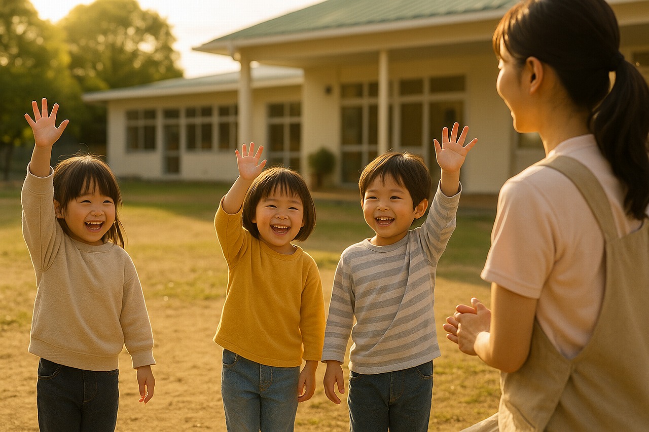 夕方の園庭で、保育士に見送られながら手を振る子どもたち。穏やかな光の中の帰り際の風景。