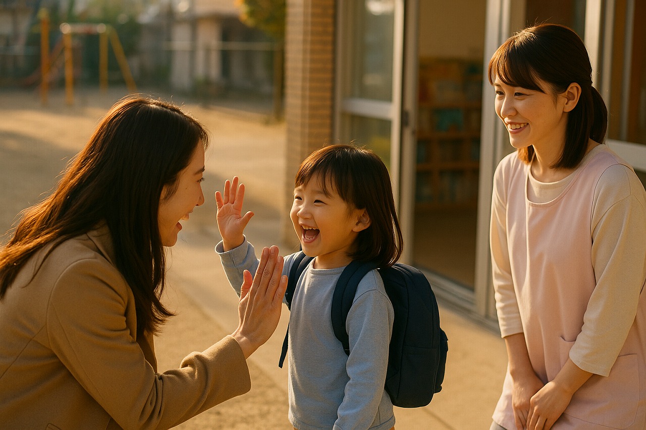 夕方の園庭で、保護者に向かって手を振る園児たち。夕日の光に包まれた穏やかな笑顔。