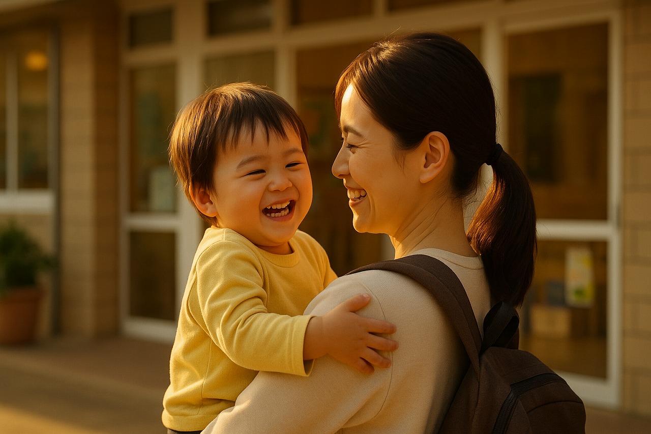保護者に抱きしめられ、安心した笑顔を見せる園児。保育園の玄関先、夕方のあたたかな光。