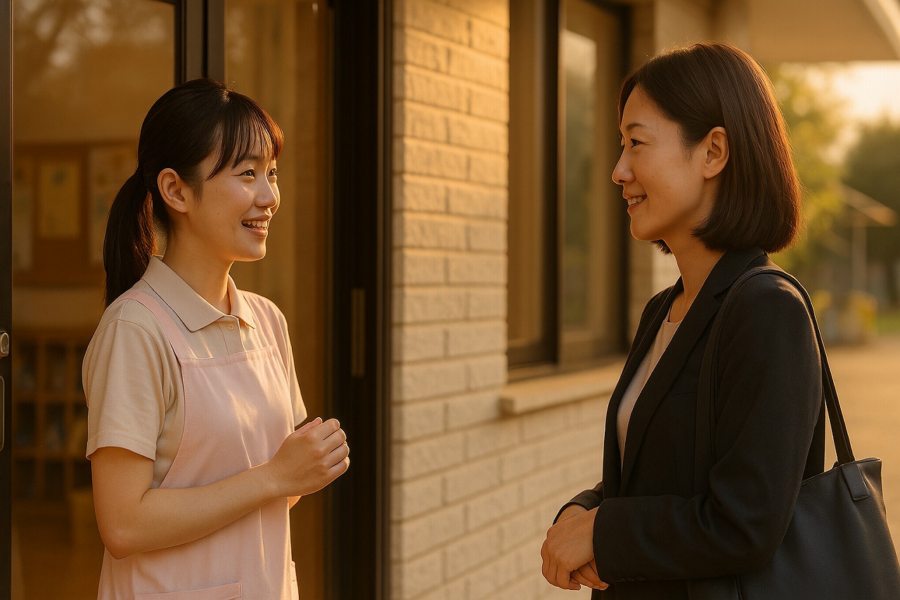 仕事帰りの保護者と笑顔で言葉を交わす保育士。安心感のある保育園玄関の夕方。