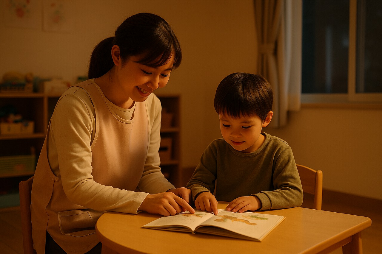 延長保育の夕方、保育士と園児が穏やかに絵本を読む姿。安心して待つ優しい時間。 o